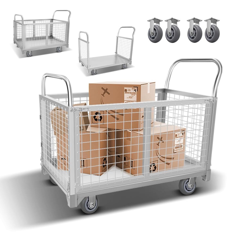 Carro de Plataforma con Jaula,Carro de Plataforma Resistente con Ruedas de Goma, Carga de 300 Kg,Carro de Plataforma con Valla,Carretillas Manuales para Almacén,Comestibles
