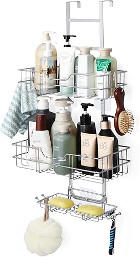 Fogein Organizador de ducha para colgar sobre la puerta, resistente al óxido, cesta de ducha con ventosa, organizador de ducha de baño sobre la