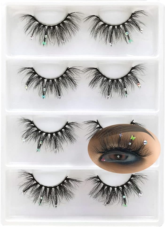 Design Glitter Rhinestones Butterfly Eyelashes, Handmade Mink Lashes with Butterflies 4 Pairsโฆ (AF07butterfly)