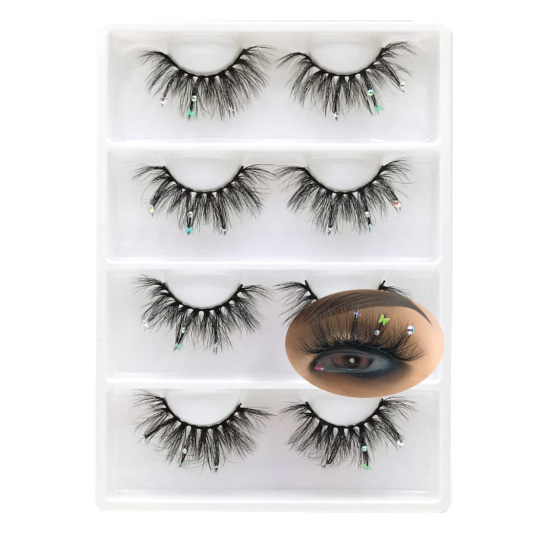 Design Glitter Rhinestones Butterfly Eyelashes, Handmade Mink Lashes with Butterflies 4 Pairs… (AF07butterfly)