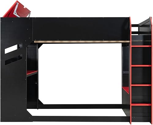 Miniatura 26 de Cama loft de madera para juegos de tamaño matrimonial con escritorio para computadora y luces RGB, cama para juegos, armario abierto integrado y