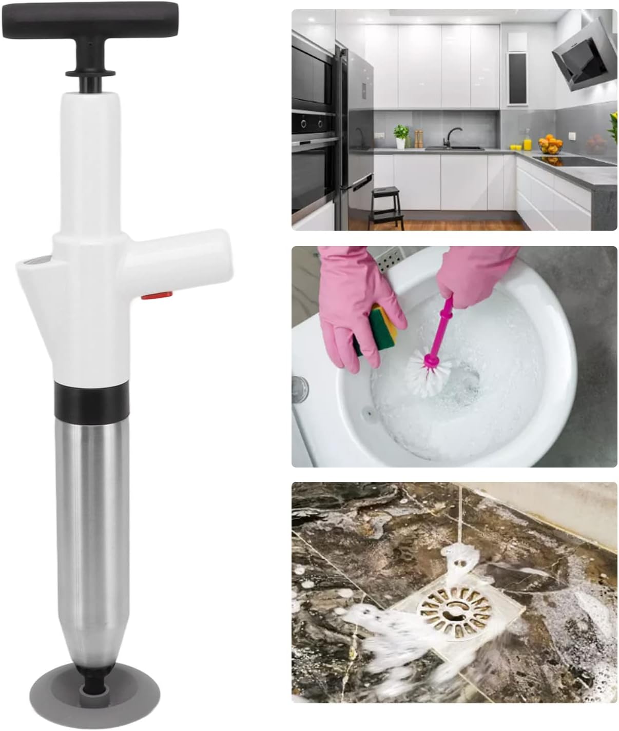 Manual Pneumatic Drain Unblocker and Toilet Plunger with Visual Pressure Gauge - Air Pressure for Sewer Pipes Kitchen Sinks and Floor Drains - Non Deforming ABS Shell