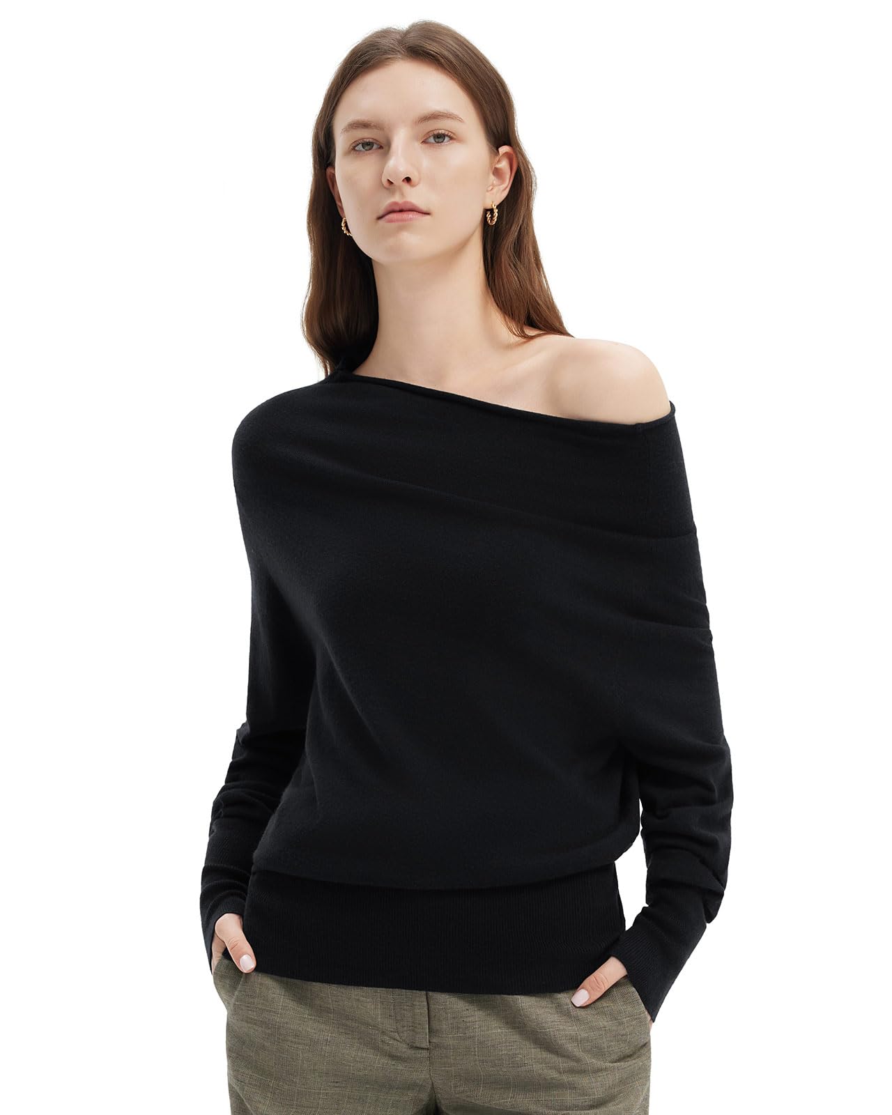 SUUKSESS Women Cashmere Oversized Off Shoulder Pullover Sweater Batwing Knit Top