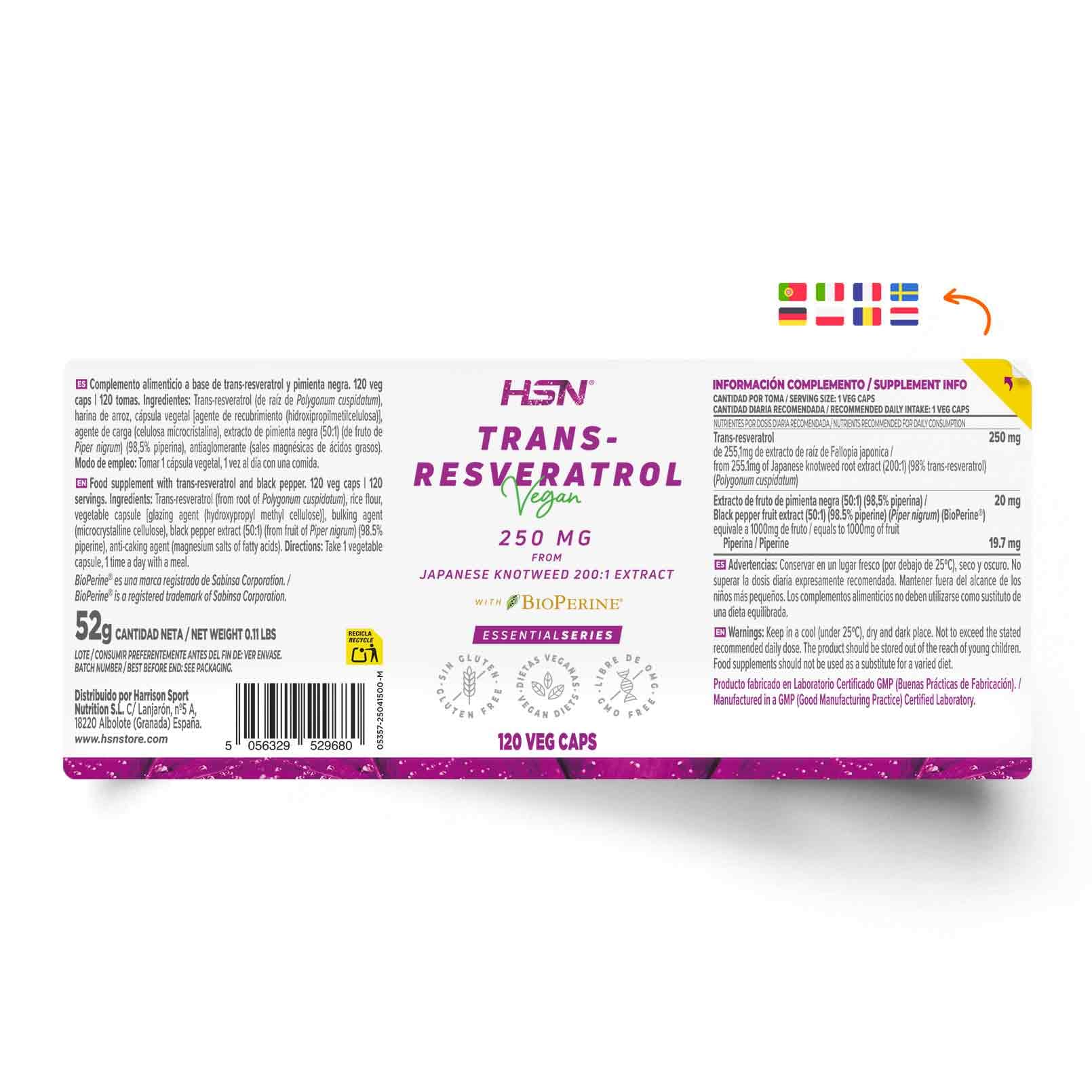HSN Resveratrol 250mg + BioPerine® | 120 Cápsulas Vegetales | Puro Trans-Resveratrol de Fallopia japonica 200x Veces Más Concentrado | No-GMO, Vegano, Sin Gluten