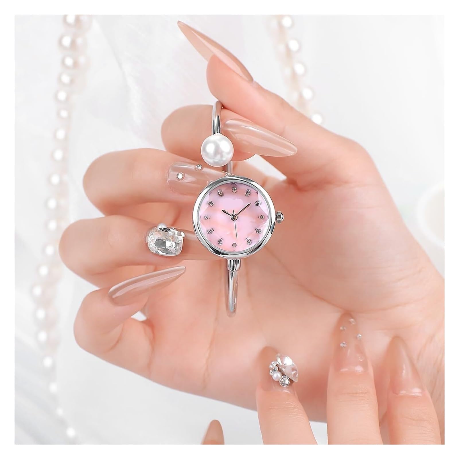Orologio da polso delicato da donna, elegante braccialetto di perle, orologio da polso al quarzo rotondo impermeabile, regalo for le donne Orologio da polso(Pink)