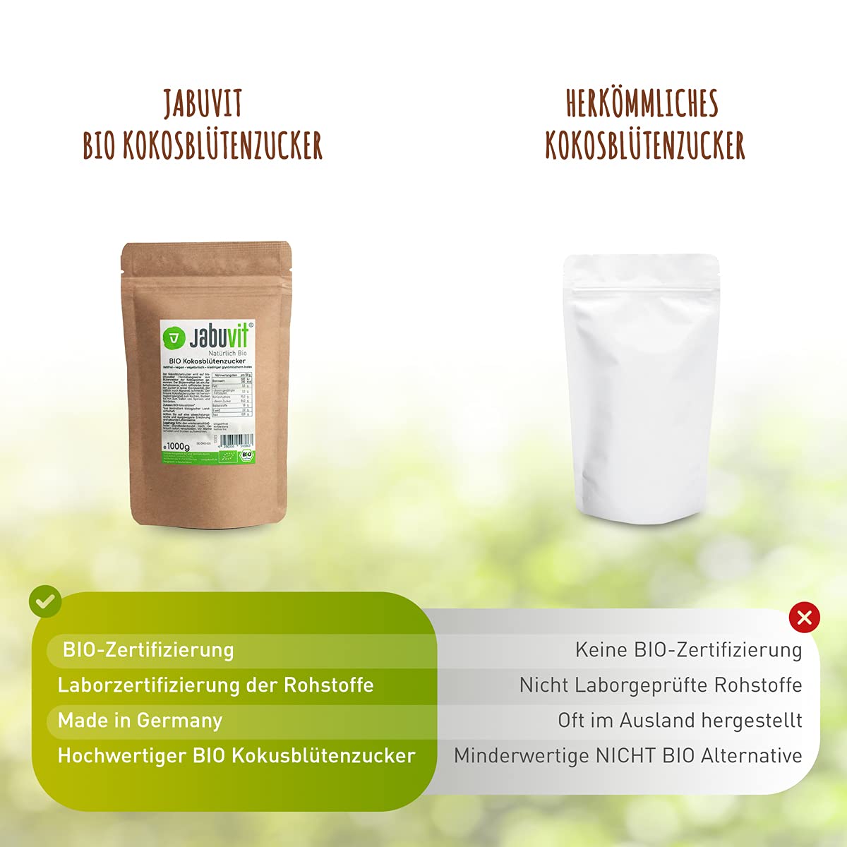 JabuVit 1000g Kokosblütenzucker BIO-zertifiziert & umweltschonend - Kokoszucker vegan aus Blütennektar der Kokospalme - Blütenzucker Made in Germany