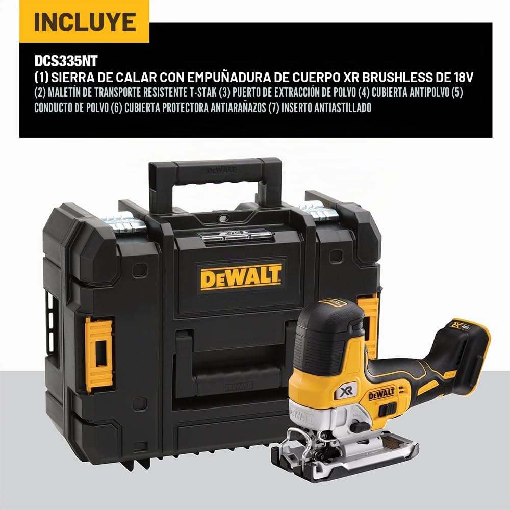 DEWALT DCS335NT-XJ, Sierra de calar sin escobillas 18V XR, Incluye maletín TSTAK, 3200cps/min, Corte madera 135mm /Acero 10mm, No incluye batería ni cargador