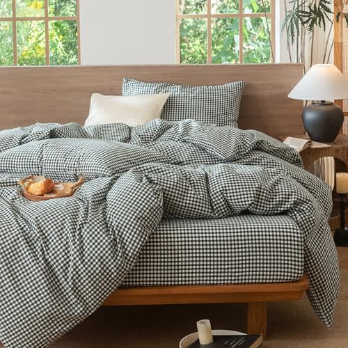 Image of MooMee Gingham Duvet Cover Set 100% Washed Cotton Linen Like Textured Breathable Durable Soft Comfy Modern Checkered Design (Mini Gingham Forest Green, Cal King 104 inchx98 inch)