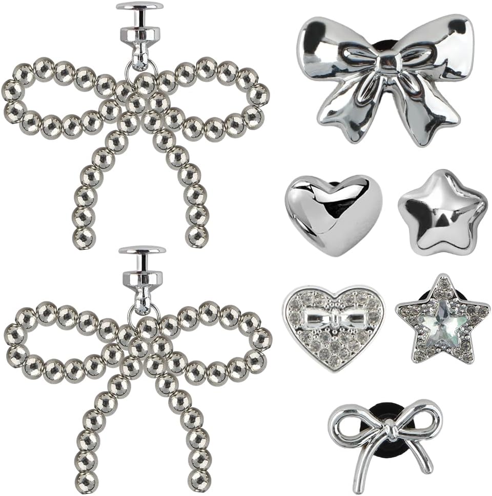 8 PCS Silver Pearl Bowknot Shoe Charms Sparkling Heart Rhinestones Bling Star Shoe Charm Set Cute Bow Charms for Shoes Decoration Fasion Shoes Decor Accessories for Women
