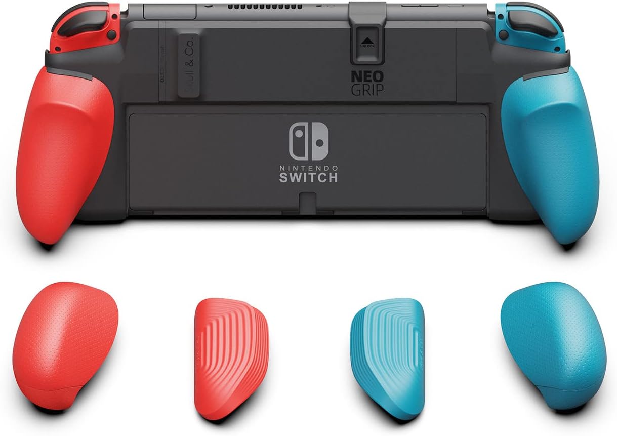 Skull & Co. NeoGrip: An Ergonomic Grip Hard Shell with Replaceable Grips [to fit All Hands Sizes] for Nintendo Switch OLED (2021) and Regular Model (2017) [No Carrying Case] - Neon Blue(L)+Neon Red(R)