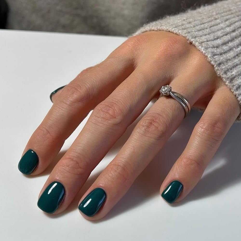 SXVME Dark Green Press on Nails Short Square Acrylic Short False Nails Coffin Natural Acrylic Fake Nails Set Elegant Solid Color Full Cover Glossy Gel Stick on Nail for Women Daily Wear 24 Pcs - Image 2