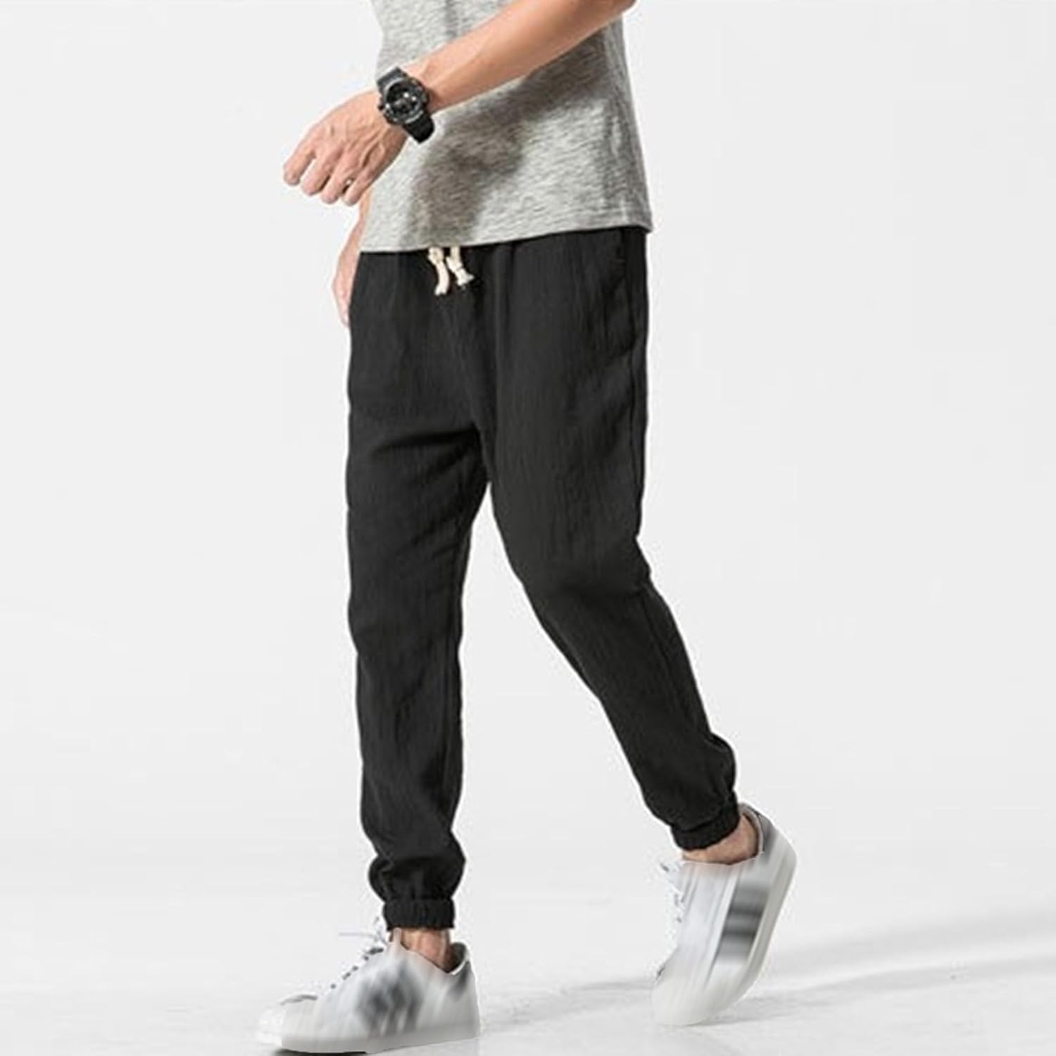 DGHM-JLMY Men's Linen Summer Thin Mid Waist Casual Tapered Pants Summer Jogger Yoga Trousers Elastic Beach Drawstring Pants