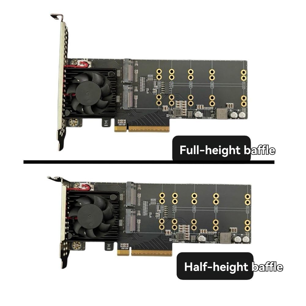 TsoLay PLX8747 PCIe 3.0 X8 4-Bay NVMe Erweiterungskarte Plug&Play - Halbhöhen-/Vollhöhen-Befestigungsset Unterstützt M.2 SSD mit Kühlventilator A