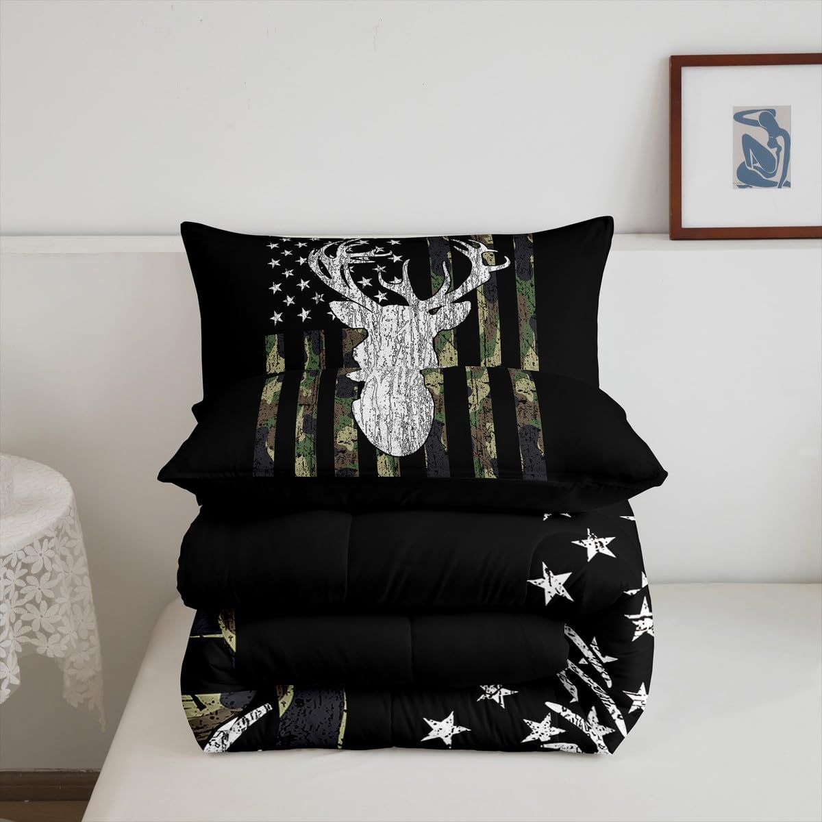 Deer Camo Comforter Set Queen Antlers Hunting Camo Bedding Sets For Teen Boys Men Camouflage American Flag Bed Comforter Set ,Western Farmhouse Wild Animal Bedding Quilt Black White Home Decor 3 Pcs - Image 5