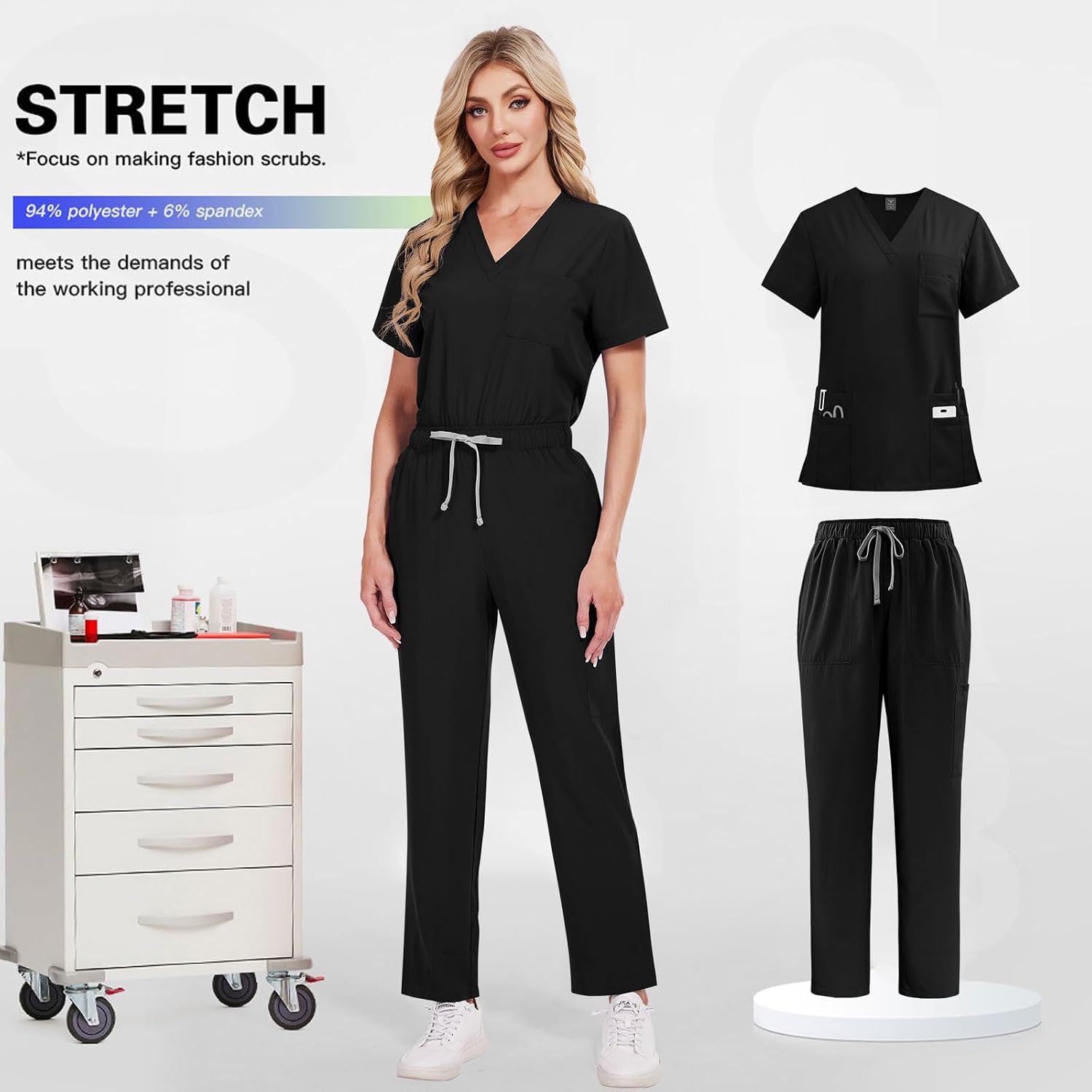 Women's V-Neck Scrub Set Top & Pants 9 Pockets Medical Uniform for Nurses Doctors Healthcare Workwear Comfort Fit