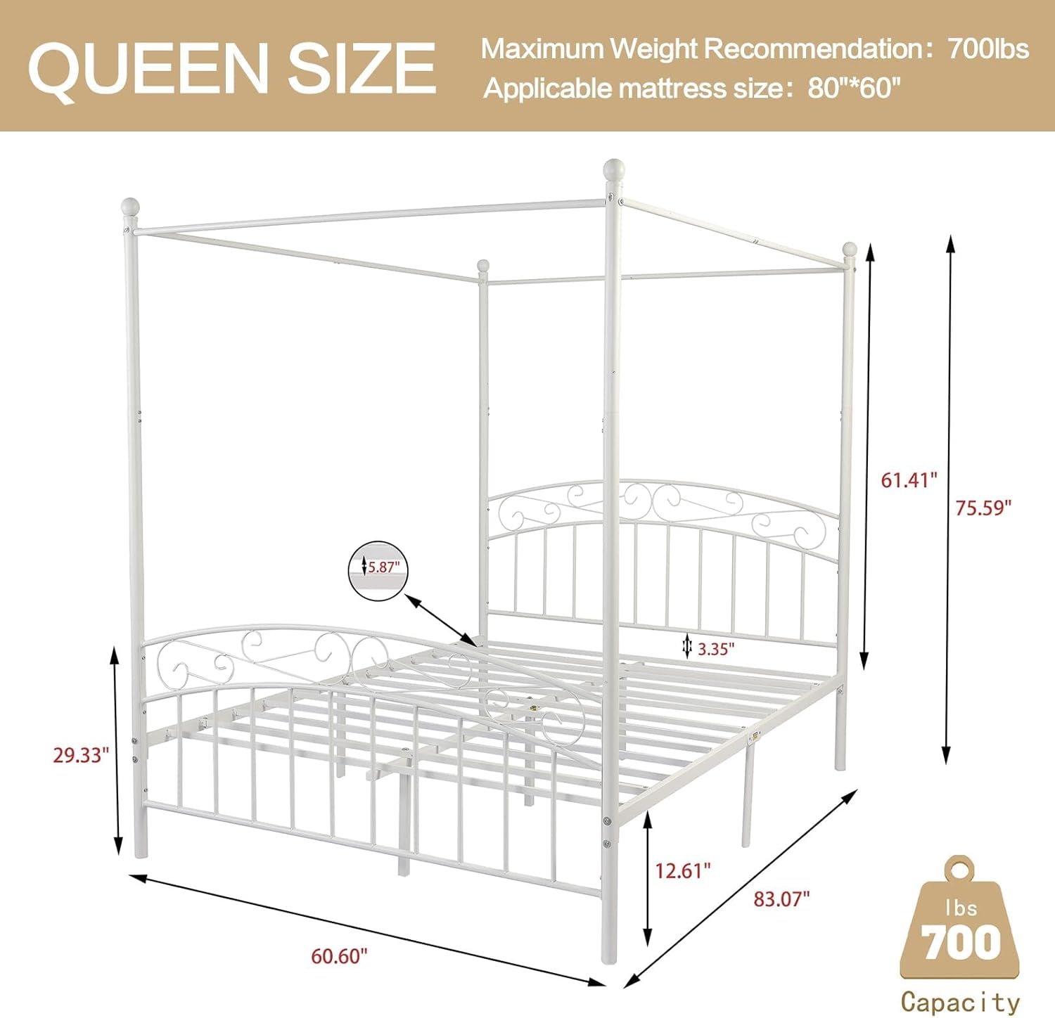 alazyhome Metal Canopy Bed Frame Queen Size, Four-Poster Platform Bed with Headboard and Footboard, Noise-Free Heavy Duty Steel Slats, Easy Assembly, No Box Spring Needed, White
