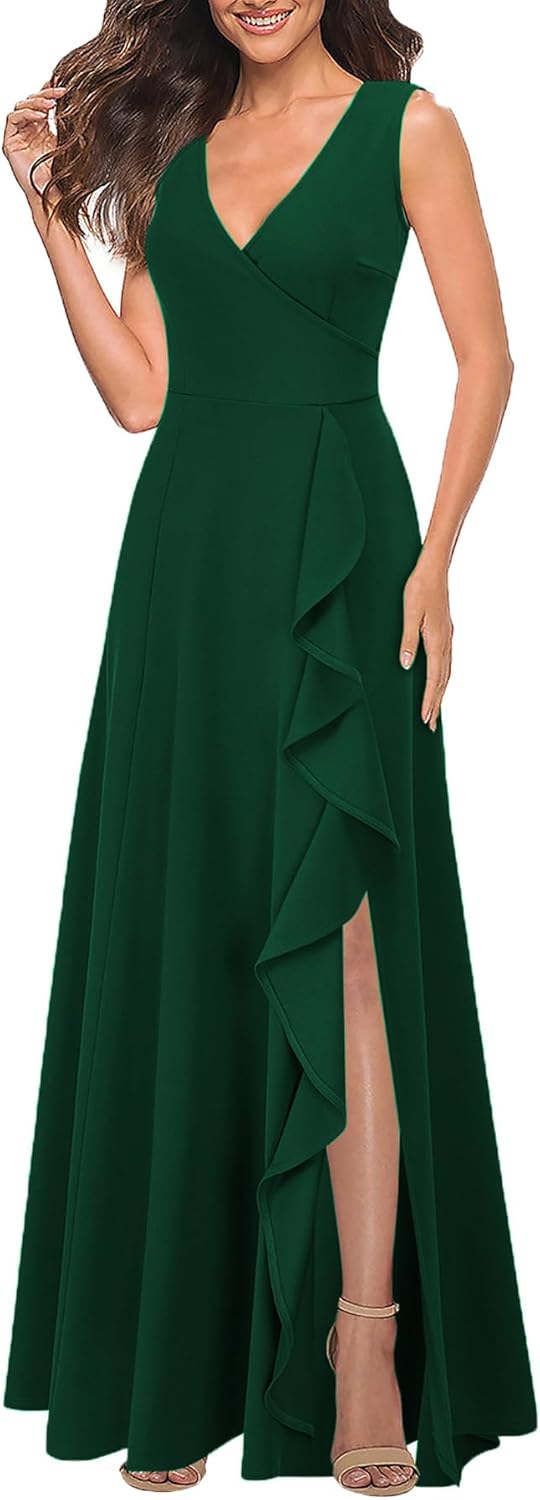 MUSHARE Women's V Neck Sexy Split Cocktail Dress with Pockets Ruffle Party Long Formal Dress - Image 2