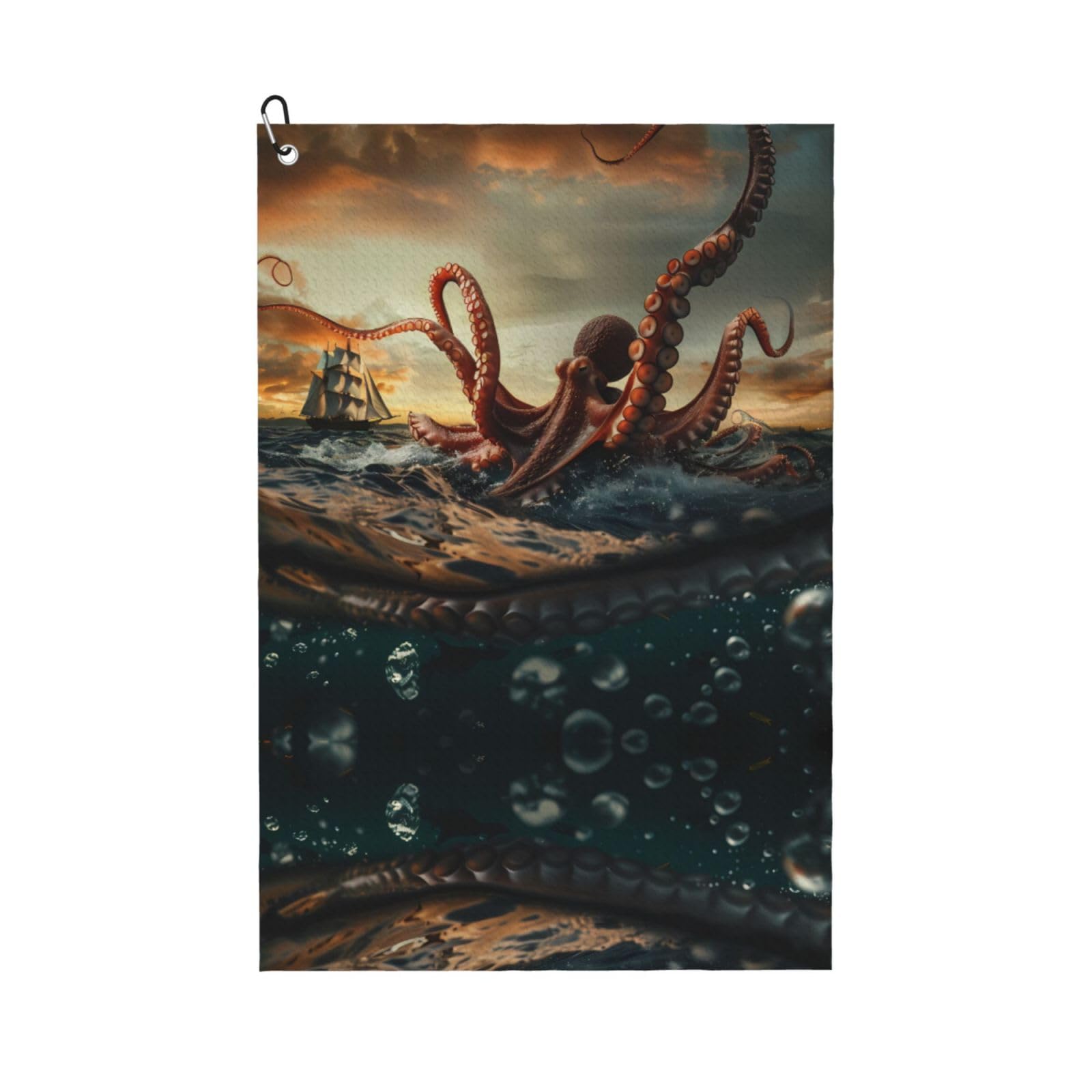 peiyeety Suckers On The Day Octopus and Sailors Ship Microfiber Golf Towel with Carabiner Clip, 16x24 Inch Absorbent Waffle Weave Towel for Golf Bags