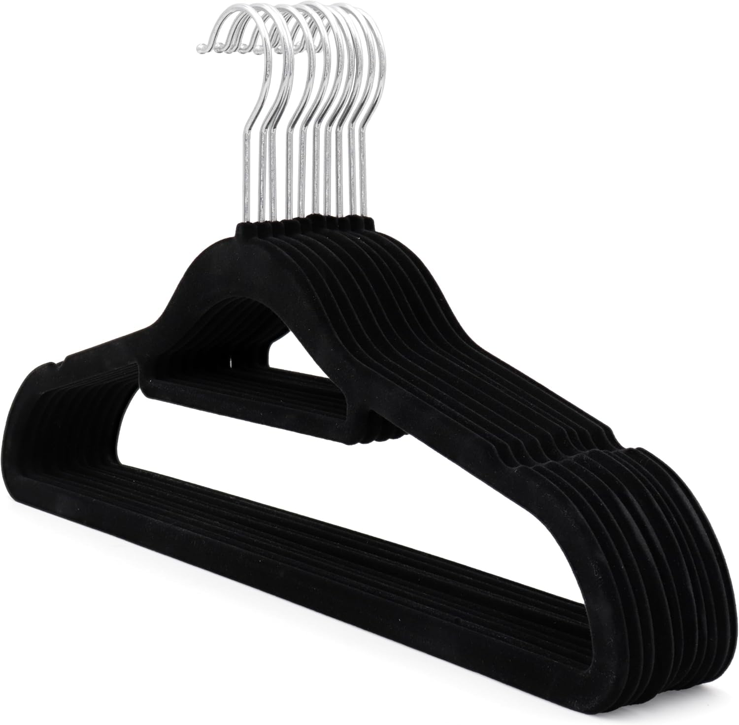velvet Suit Hanger - Non-slip Flocked Velvet Space Saving Coat Clothes Hangers with Trouser Bar. (10, Black)