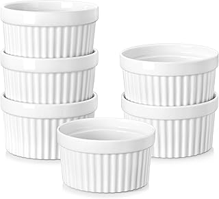 MALACASA Ramekins 4 oz Oven Safe, Porcelain Creme Brulee Ramekins Pudding Custard Cups Small Ceramic Souffle Dishes Ramakan Ramiken Ramicans Baking Bowls Set of 6, White, Series RAMEKIN-DISH