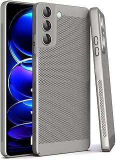 جراب حماية خلفي صلب بتصميم نحيف بمسامات للتهوية مضاد للصدمات والبصمات لتبديد الحرارة من البولي كربونات مع واقي عدسة كاميرا مدمج لموبايل سامسونج جالاكسي S21 شبكة الجيل الخامس 5G من دلع موبايلك (رمادي)