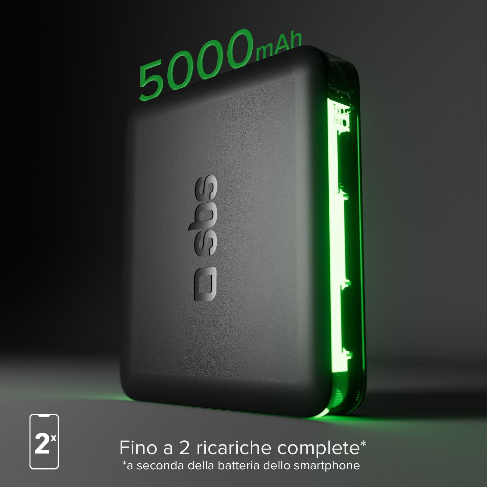 SBS NanoTube PowerBank HD 5000mAh 10W Power Bank Ricarica Rapida USB-C Caricabatterie Portatile Nero
