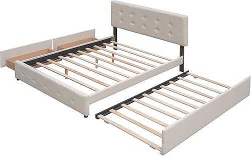 Miniatura 8 de SIYSNKSI Moderna cama de plataforma de tamaño Queen con 2 cajones y 1 nido individual XL marco de cama tapizado con listones de madera y cabecero