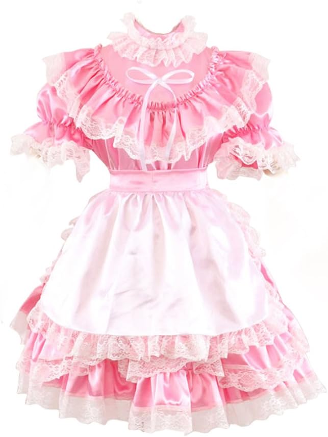 Women French Maid Gothic Pink Satin Lace Dress Costume