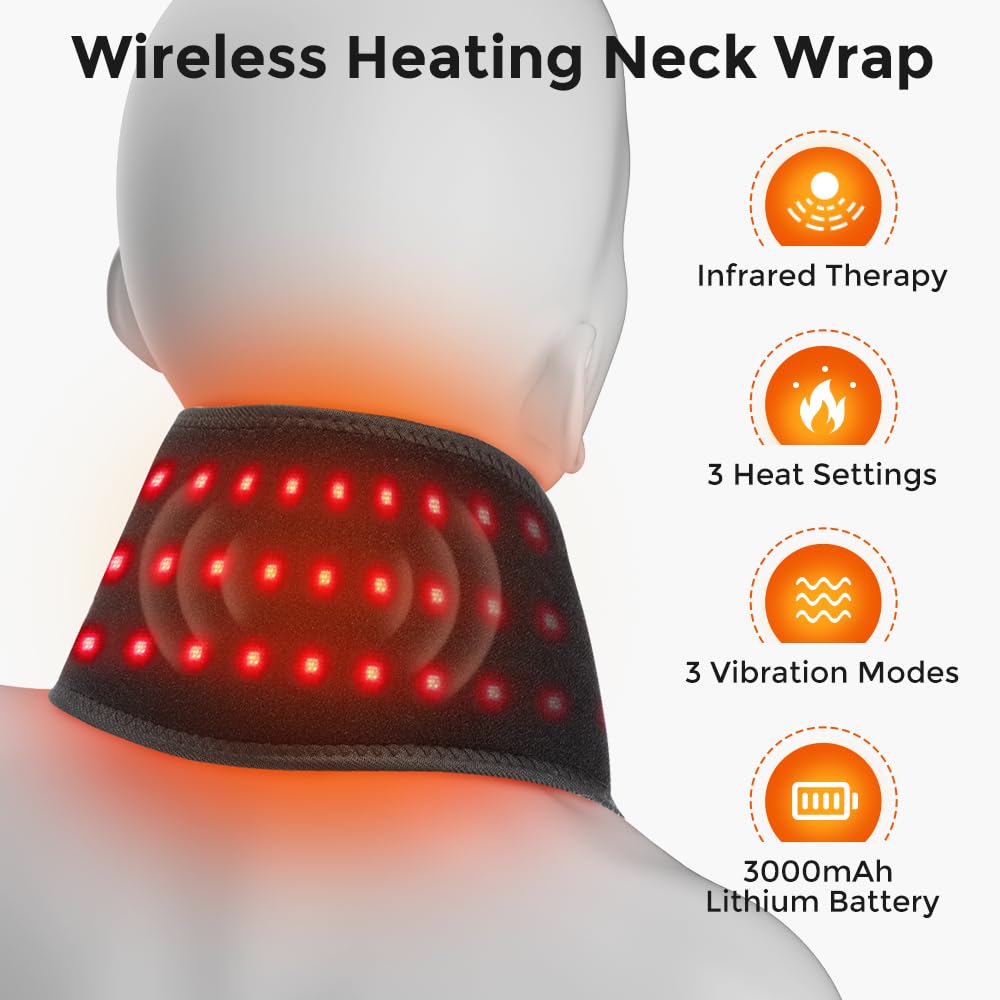 Masajeador de cuello con calor – Cojín térmico para cuello con batería de 3000 mAh, almohadilla térmica calentador de cuello eléctrico con 3 niveles de calor y 3 vibraciones y luz roja, sin cable