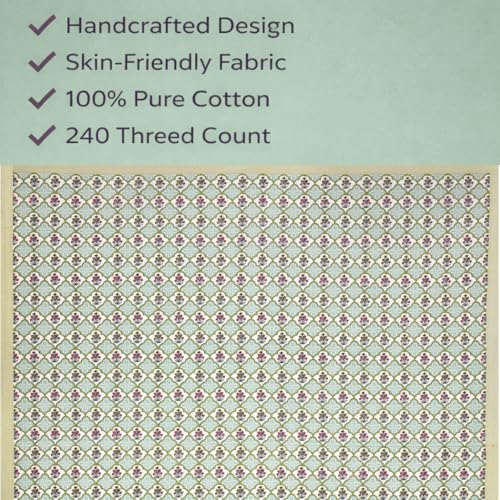 Image of ElanorHomes 240 TC Cotton Double King Size Bedsheet | Ultra-Soft & Skin-Safe | Breathable Summer Comfort | 93x108 inches with 2 Pillow Covers (Green Blossom)