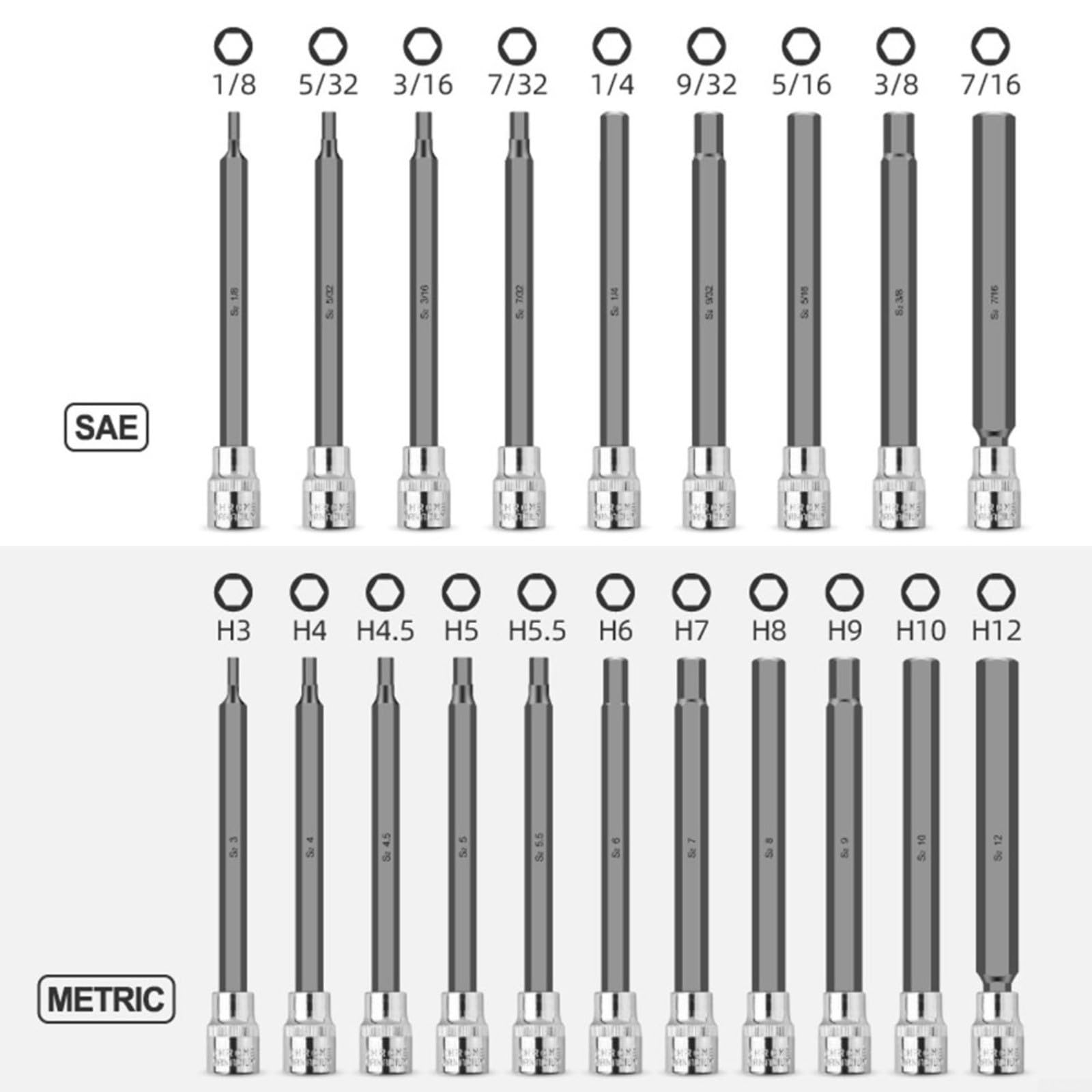 Juego de 20 llaves hexagonales de 3/8 pulgadas, cabeza cónica extendida alargada de 110 mm, para reparación de vehículos, para sistema métrico imperial