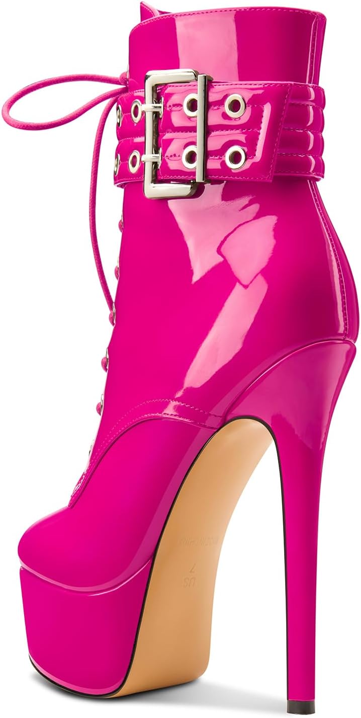 Aachcol Womens Stiletto High Heel Platform Ankle Boots Round Toe Lace-up Zipper Mid Calf Buckle Patent Leather Dress Booties - Image 4