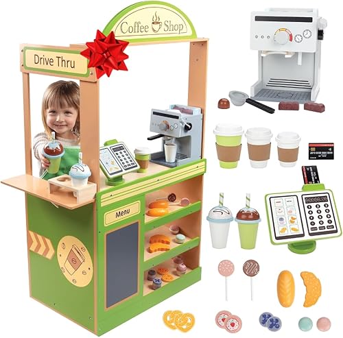 Juego de madera para cafetería de simulación, centro de actividades divertido para niños, frappuccino, pajitas, máquina de café expreso, pan