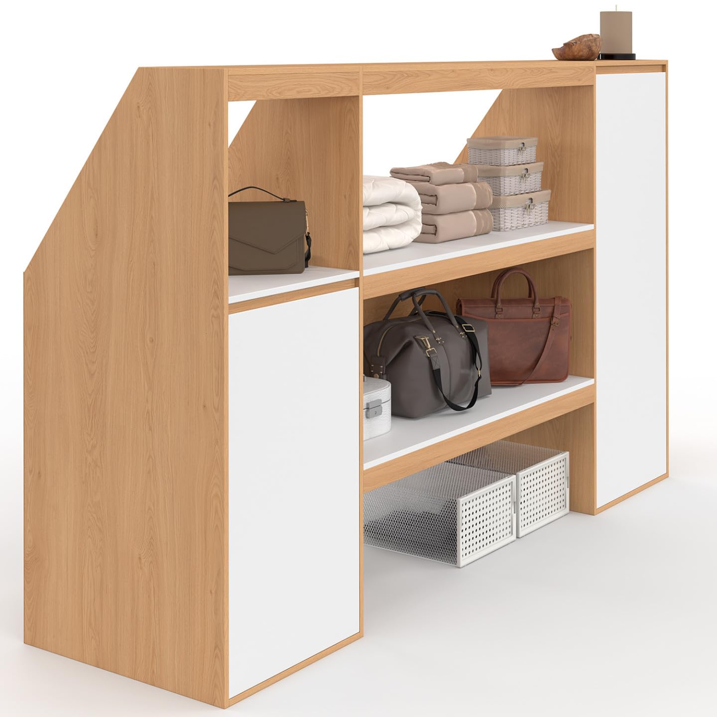 TOMI Set Regal 2 Ebenen Schrank 1 Tür Nische unter Dachschräge Buche Weiß