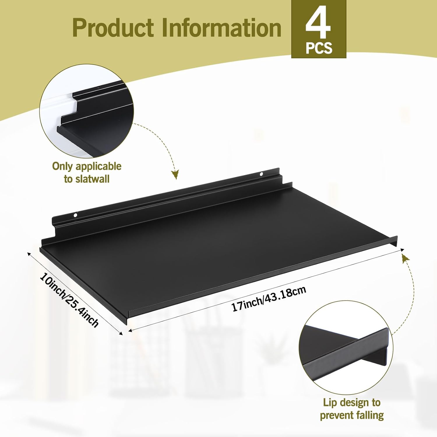 Shimeyao 4 Pack 17x10 Inch Large Slatwall Shelves Metal Slat Wall Shelves Accessories Black Flat Retail Display for Storage and Organization