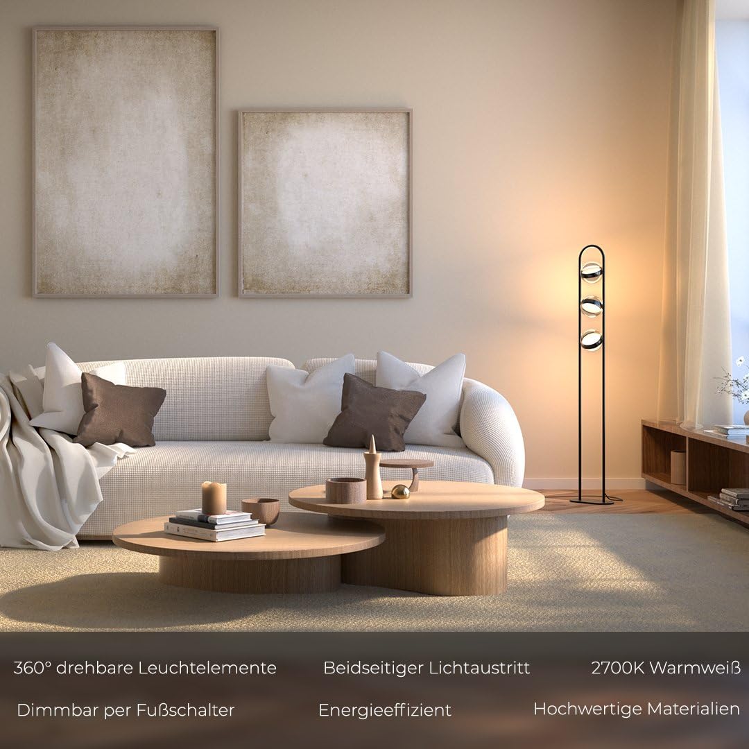 NEONA VIVA LED Stehleuchte Schwarz dimmbar per Fußschalter – Stehlampe 3 drehbare Glaskugeln 360°, warmweiß 2700K, 24W, 2340lm, Höhe 140cm (Schwarz)