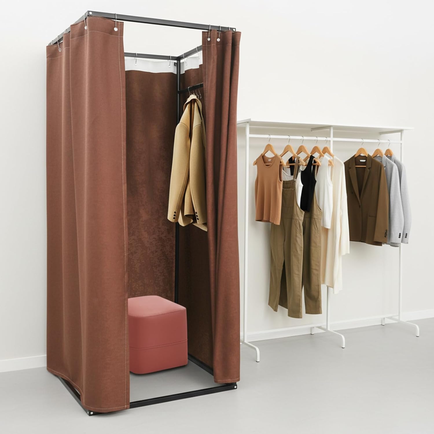 Professional Retail Changing Room - 33.46x33.46x78.74inches Portable Freestanding Dressing Booth with Curtain for Clothing Store, Boutique, Fitting Room (Brown)