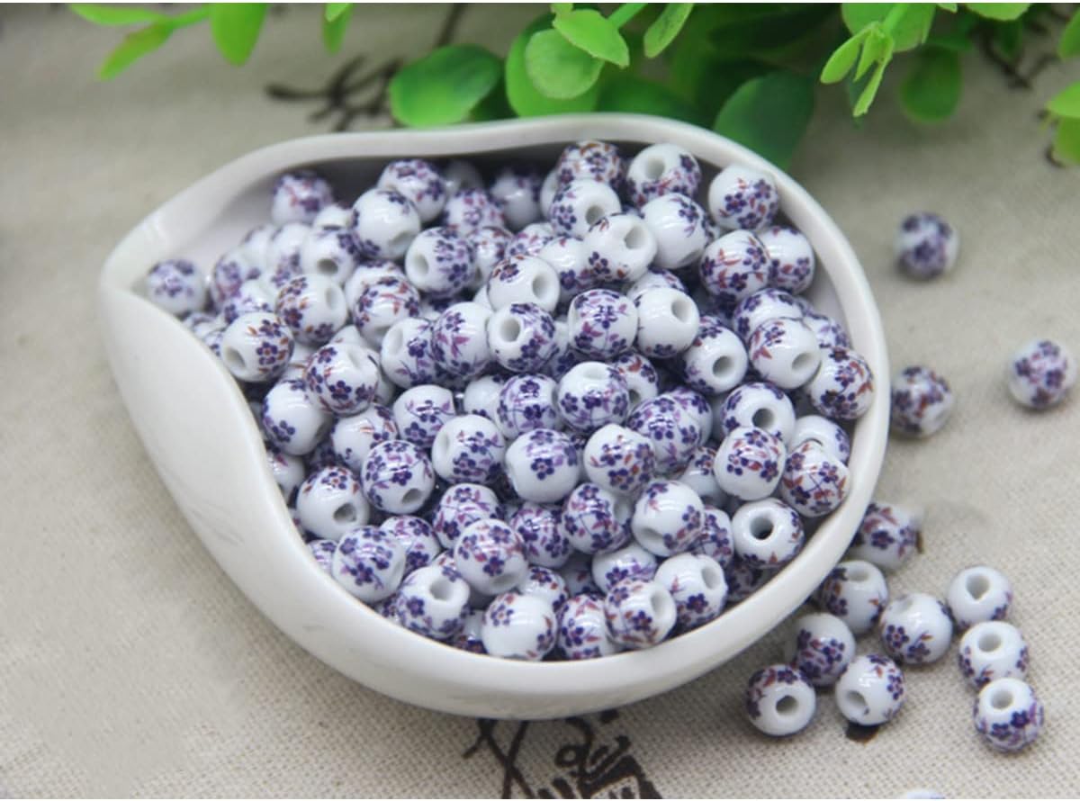 ECYC 100 Pcs 8mm Beautiful Flower Ceramic Beads, Flower Round Porcelain Beads Loose Beads Ceramic Spacer Beads for DIY Crafts Jewelry Making,Purple