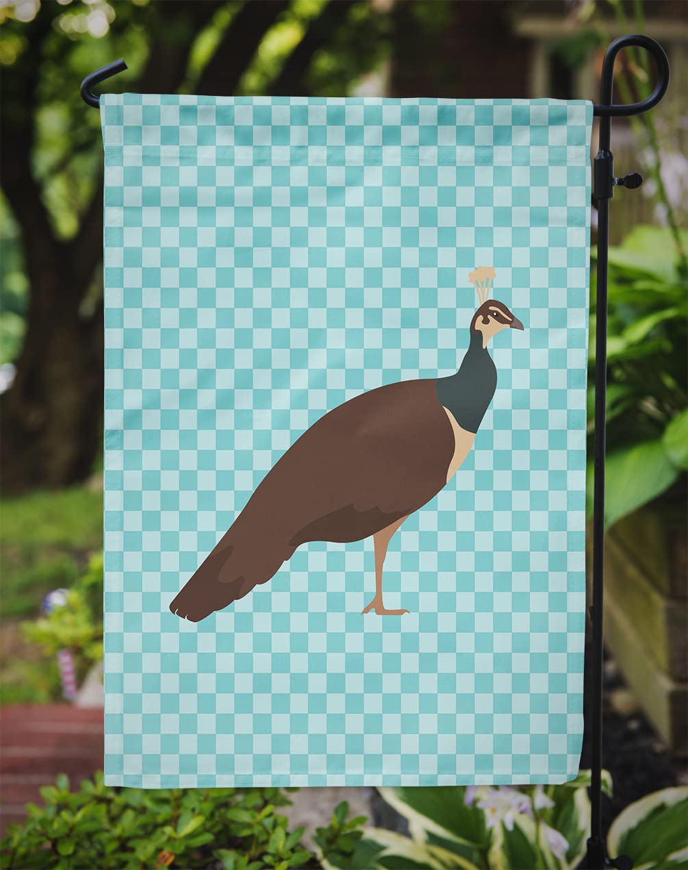 Caroline's Treasures BB8101GF Indian Peahen Peafowl Blue Check Flag Garden Size , Small, multicolor
