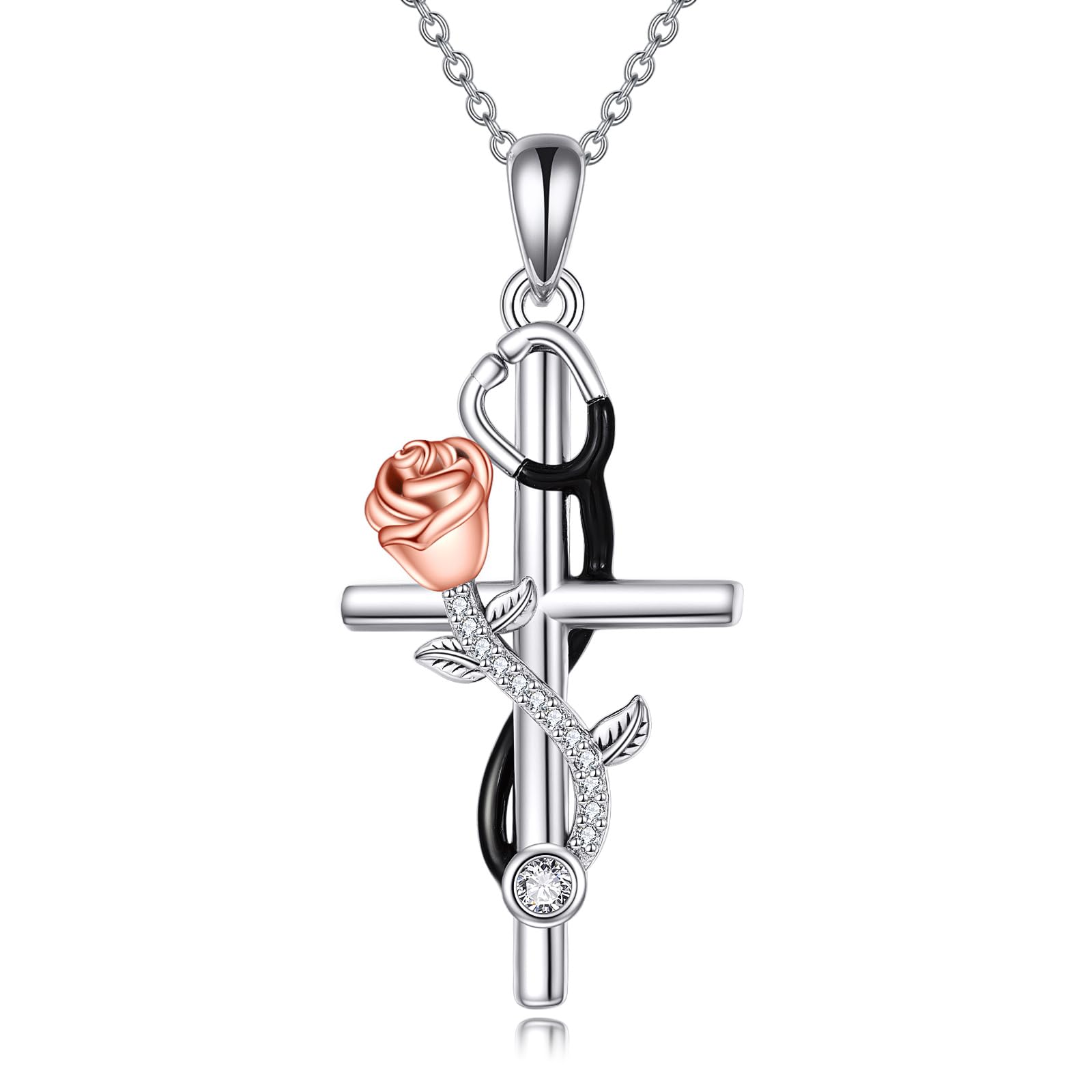 WINNICACASterling Silver Stethoscope Necklace for Women White Coat Ceremony Christmas Gifts Cross Pendant with Created Opal Nursing Theme Jewelry for Nurse Doctor Medical Students RN Nurse