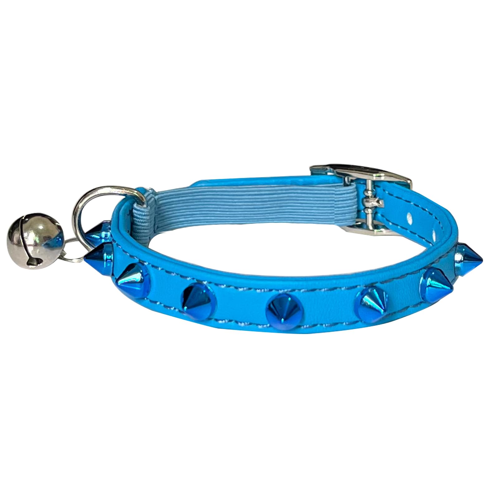 Fupo Spiked Studded Leather Cat Collar with Bell, Kitten Collar with Bling Rhinestone Adjustable Neck 7.5" to 9.6" for Boy Kitten Cats (Blue)