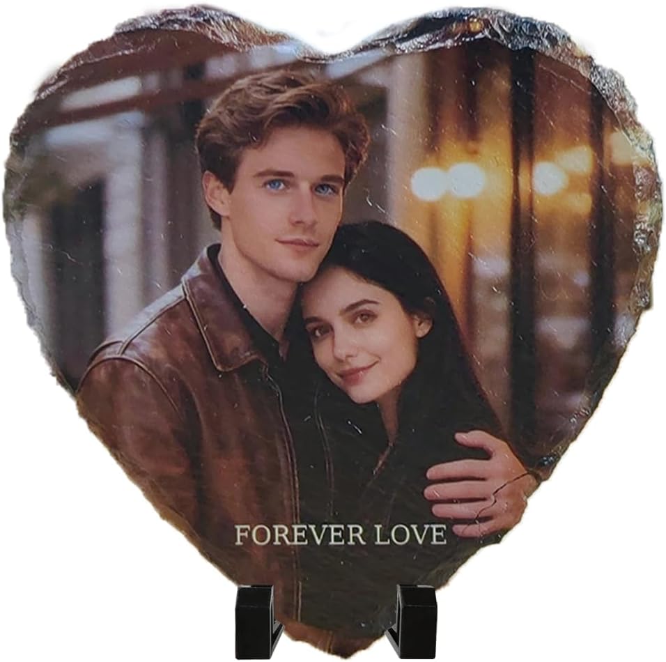 Custom Photo Plaque with Your Photo & Text - Personalized Engraved Stone Slate for Anniversary, Wedding, Family, Unique Rock Picture Frames Gift Idea (Style A)