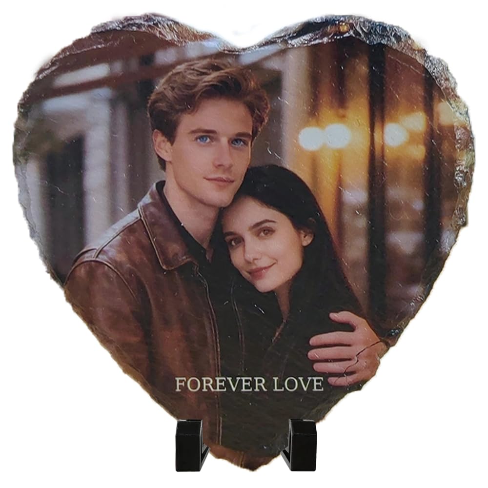 Custom Photo Plaque with Your Photo & Text - Personalized Engraved Stone Slate for Anniversary, Wedding, Family, Unique Rock Picture Frames Gift Idea (Style A)