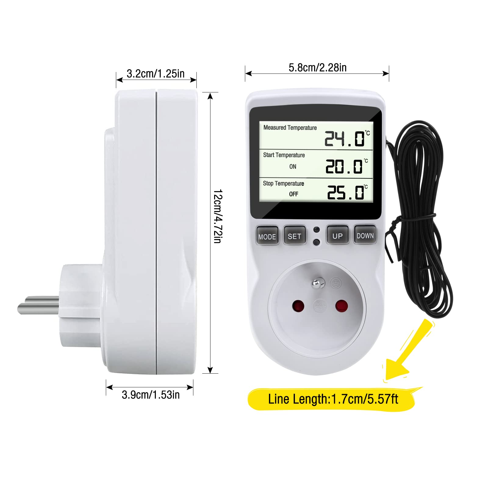 Prise Thermostat avec Sonde, CJBIN LCD Prise Thermostat Chauffage, 230V Thermostat Regulateur de Temperature Contrôleur de température pour Serre Reptile Terrarium Aquarium Incubateur Home (Prise FR)