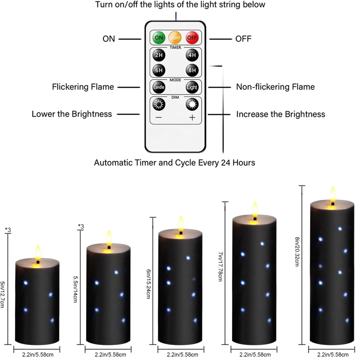 Nimiko Flickering Flameless Candles with Remote Control and Timer Set of 5 Pc Real Wax LED Pillar Candles, Battery Operated Candles（D2.2×H5/5.5"/6"/7"/8"） Halloween Decorations Home Decor （Black）