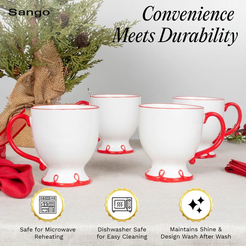 Image of SANGO Splash of Cheers Large Mugs Set of 4, 16 oz Stoneware Red and White Coffee Mugs, Ceramic Drinkware for Coffee or Tea, Durable Everyday Cups, Dishwasher & Microwave Safe, Scalloped Mug Set