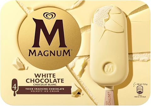 Algida Magnum Gelato Bianco, Cioccolato Bianco Magnum e Gelato alla Vaniglia, Cacao ed Aroma naturale di Vaniglia da Coltivazioni Certificate Rainforest Alliance, 4 stecchi x 110 ml (Surgelato)