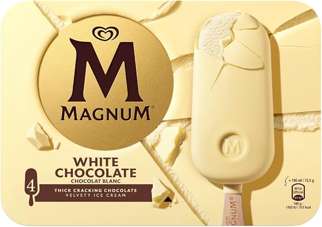 Algida Magnum Gelato Bianco, Cioccolato Bianco Magnum e Gelato alla Vaniglia, Cacao ed Aroma naturale di Vaniglia da Coltivazioni Certificate Rainforest Alliance, 4 stecchi x 110 ml (Surgelato)