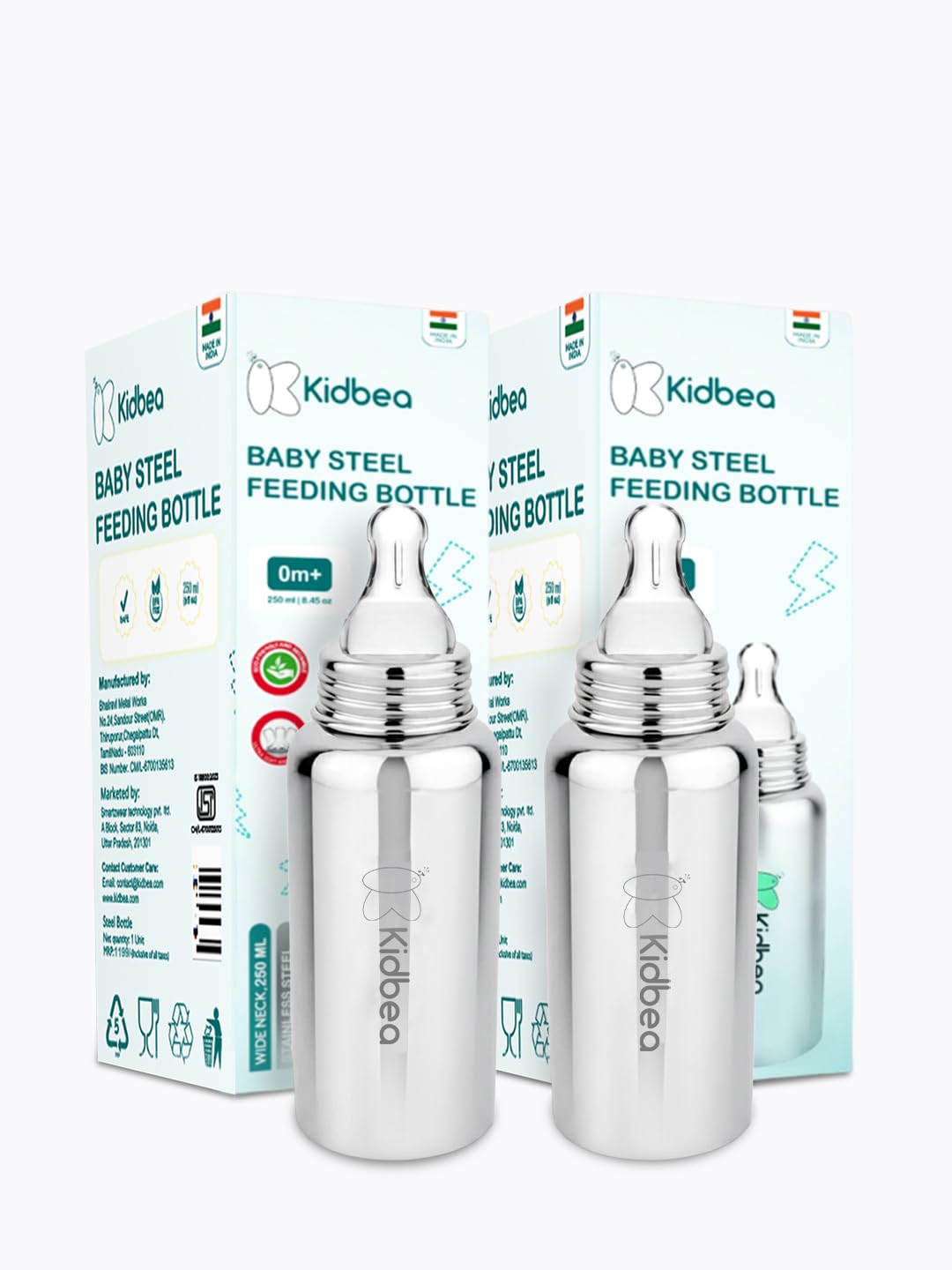 Kidbea Wide Neck Steel Baby Feeding Bottle 250ml | Anti-Colic, BPA Free, Milk Feeder with Nature Flow Soft Silicon Nipple (Pack of 2)-image-29