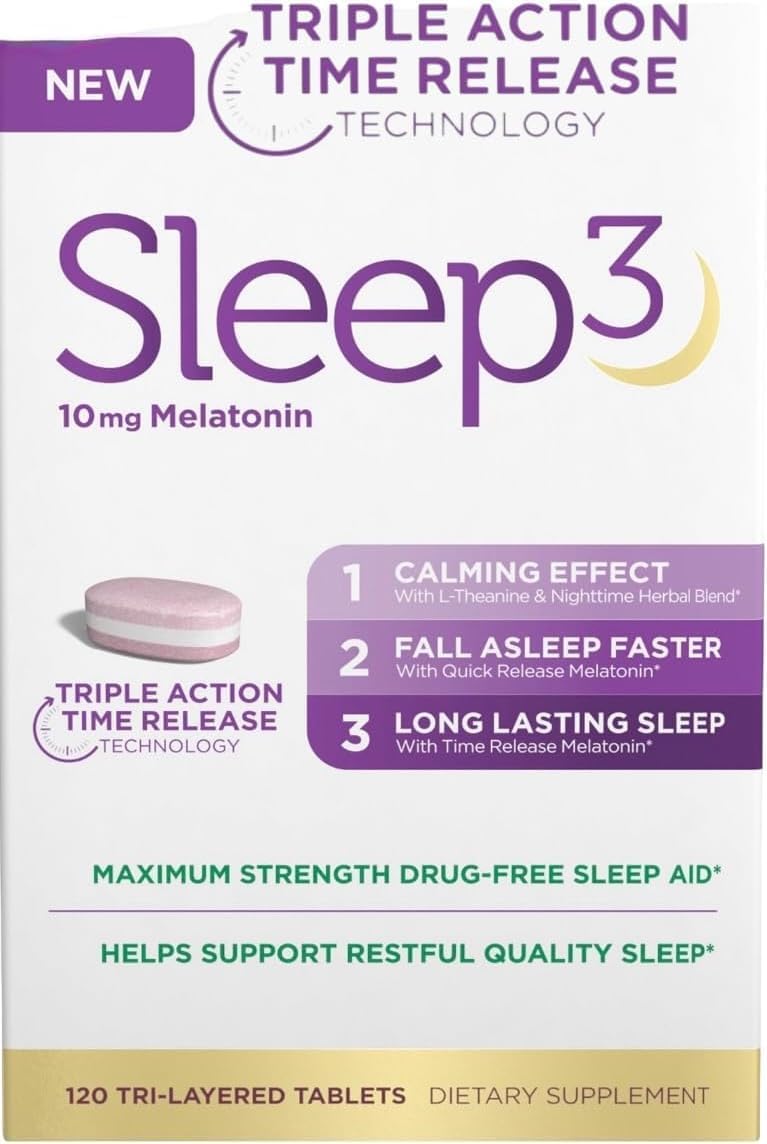 NB Sleep3 Triple Action Time Release Melatonin Sleep Aid, 10mg, Maximum Strength, Drug-Free, 120 Tri-Layered Tablets, with L-Theanine